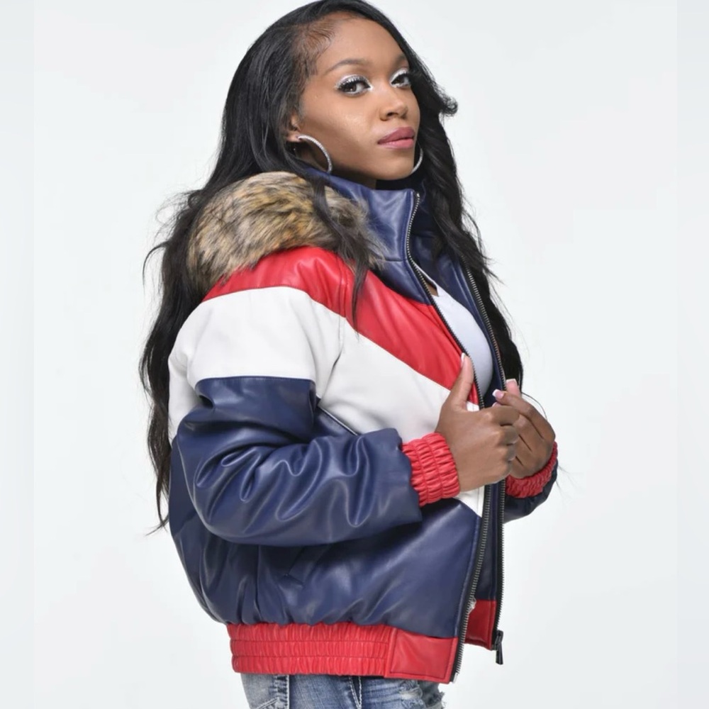 Women’s Dakota  Faux Leather Red White & Blue Bomber Jacket Size Large